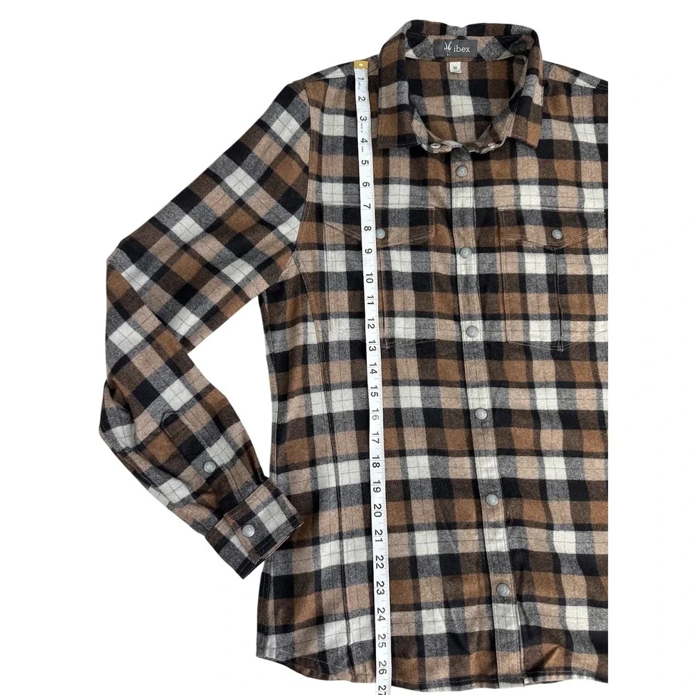 Ibex Taos Brown Plaid Flannel Snap Button Up Shirt Pockets Wool Outdoor Womens M